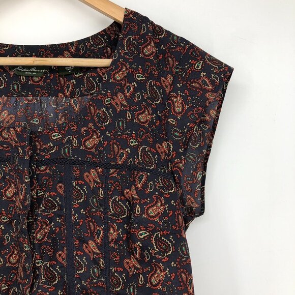 Eddie Bauer Navy burgundy Paisley cap sleeve button front lace cutout blouse Med - Picture 11 of 15